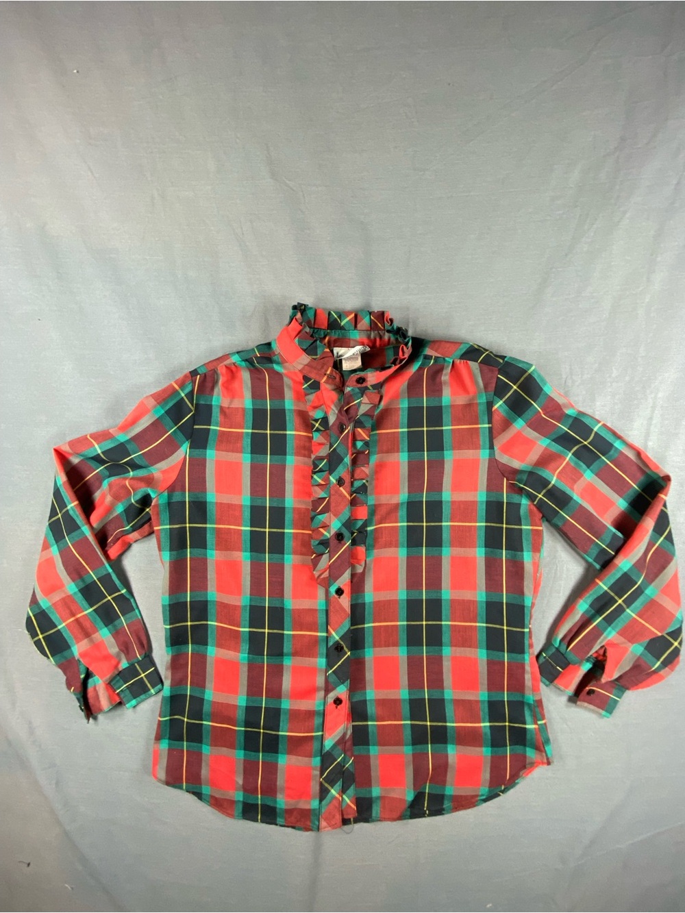 Vintage Laura Mae Red & Green Plaid Ruffle Front Shirt